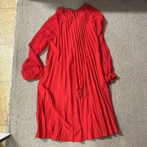 SHEIN Clasi Women's Fashionable Red Lantern Sleeve Pleated Dress With Round Neck